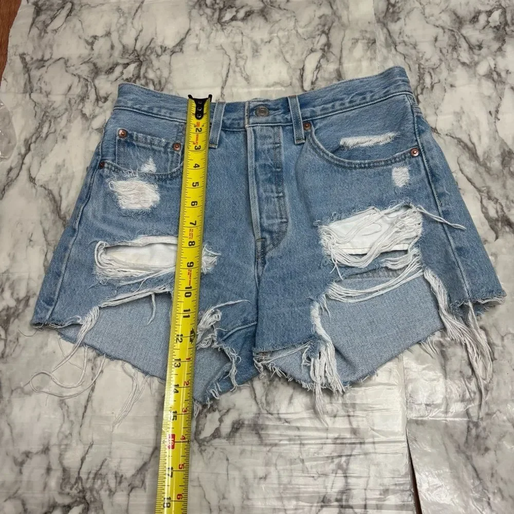 Levi’s button fly high rise vintage 90s Y2K distressed denim jean shorts size 27
